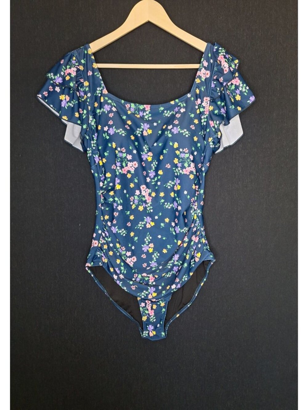 NWOT Eomenie One Piece Swimsuit XL Navy Blue Floral Ruffle Sleeve Tummy Control